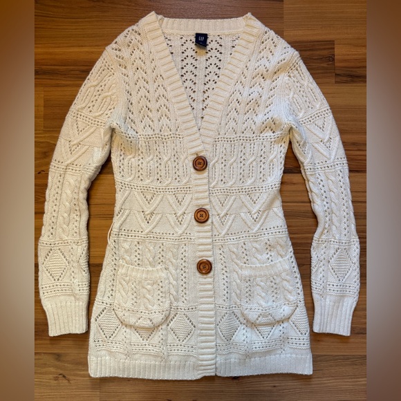 GAP Sweaters - Y2K Vintage GAP Cream Cable Knit Cardigan Longline Alpaca Wool Cottagecore Boho